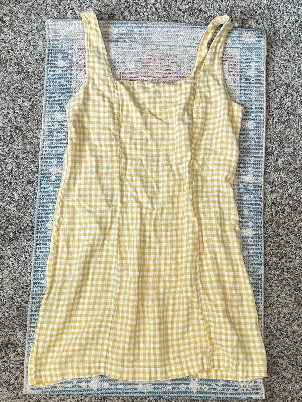 🧺OLD NAVY Butter Yellow Checked Gingham Linen Blend Cottagecore Mini Dress - L - Picture 3 of 7
